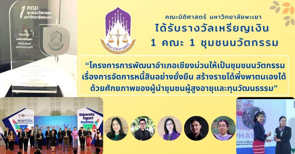 วันที่ 28 มกราคม 2564 คณะนิติศาสตร์ มหาวิทยาลัยพะเยา ได้รับรางวัลเหรียญเงิน 1 คณะ 1 ชุมชนนวัตกรรม “โครงการการพัฒนาอำเภอเชียงม่วนให้เป็นชุมชนนวัตธรรมเรื่องการจัดการหนี้สินอย่างยั่งยืน สร้างรายได้พึ่งพาตนเองได้ด้วยศักยภาพของผู้นำชุมชนผู้สูงอายุและทุนวัฒนธรรม” ในงานประชุมวิชาการระดับชาติ พะเยาวิจัย ครั้งที่ 10 ประจำปี  2564 โดย ผู้ช่วยศาสตราจารย์กาญจนุรัตน์ ไมรินทร์ (หัวหน้าโครงการ)  รองศาสตราจารย์กันย์กัญญา ใจการวงค์สกุล ผู้ช่วยศาสตราจารย์สุวิทย์ ปัญญาวงศ์ อาจารย์อุดมศักดิ์ จิรกาลกุลเกษม อาจารย์ปิยอร เปลี่ยนผดุง ซึ่งทำงานร่วมกับหมู่บ้านท่าฟ้าใต้ ตำบลสระ อำเภอเชียงม่วน จังหวัดพะเยา